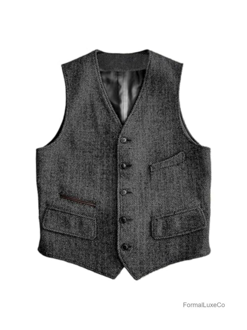 Mens Herringbone Wool Blend Vest V-Neck Button Waistcoat Classic Fit